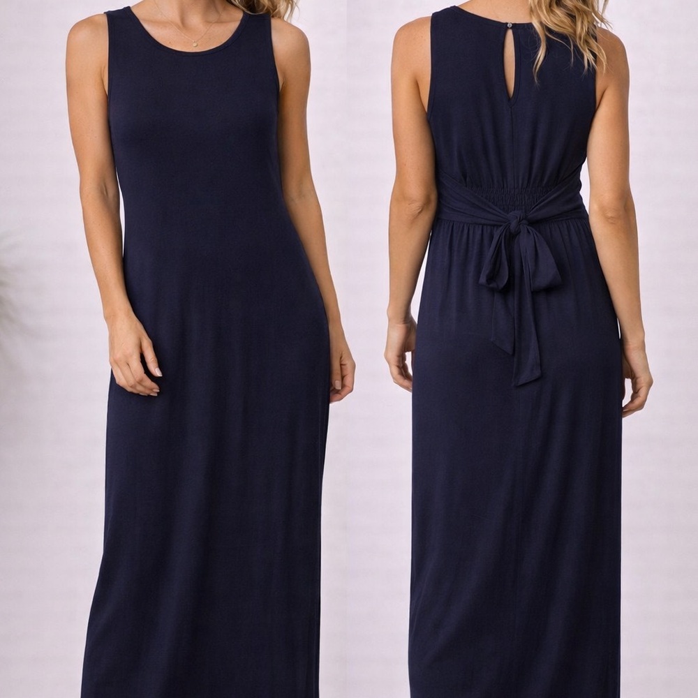 HYFVE Navy Maxi Dress Size L Sleeveless Tie Back Waist Flowy